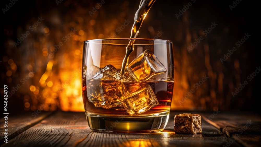 Fototapeta premium Golden whiskey pours into a solitary glass against a dark, moody background, spotlighting the amber liquid's rich, velvety texture and subtle, inviting sheen.