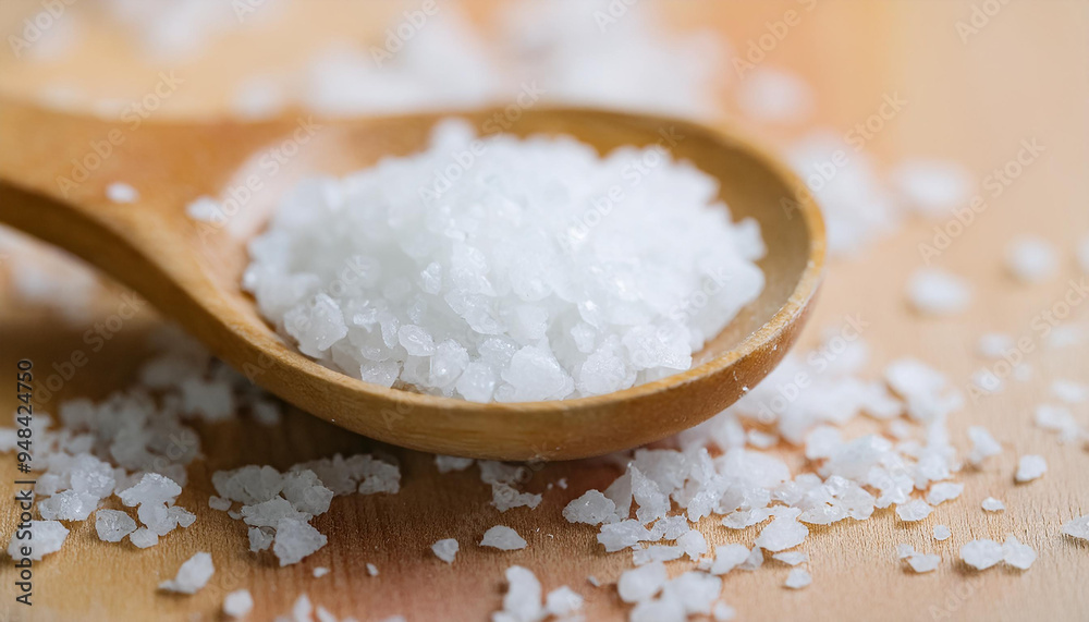 Wooden spoon with salt on table. Cooking concept.