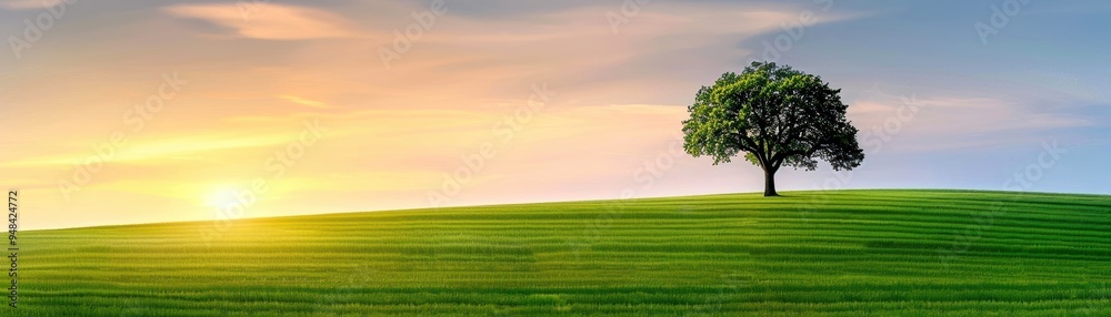 Serene landscape with a solitary tree on a green hill, under a vibrant sunset sky. Ideal for nature and tranquility-themed projects. Serene landscape with a solitary tree on a green hill, under a vibrant sunset sky. Ideal for nature and tranquility-themed projects.
