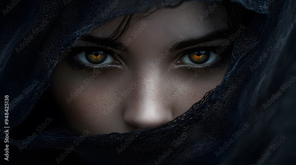 Mysterious Woman with Intense Eyes. generative ai illustration. Mysterious Woman with Intense Eyes. generative ai illustration.