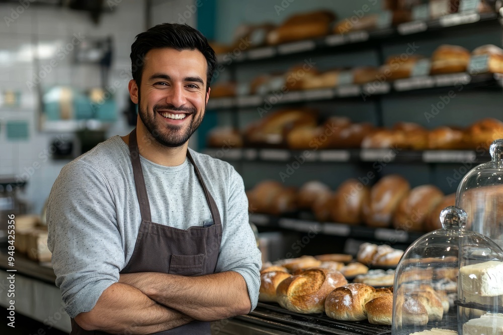 Fototapeta premium Happy Baker Standing in Bakery with Fresh Bread