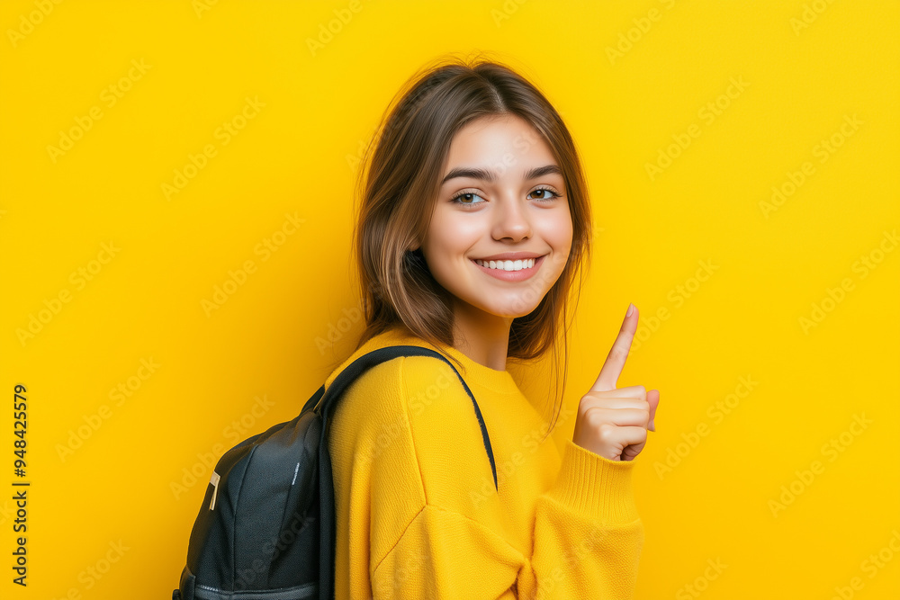 Cheerful student girl in a bright yellow sweater pointing to the side with excitement in a classroom Cheerful student girl in a bright yellow sweater pointing to the side with excitement in a classroom