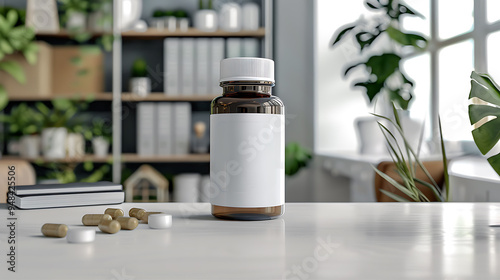A brown bottle with a white label containing pills on a white table with a blurred background of a bookshelf and plants.