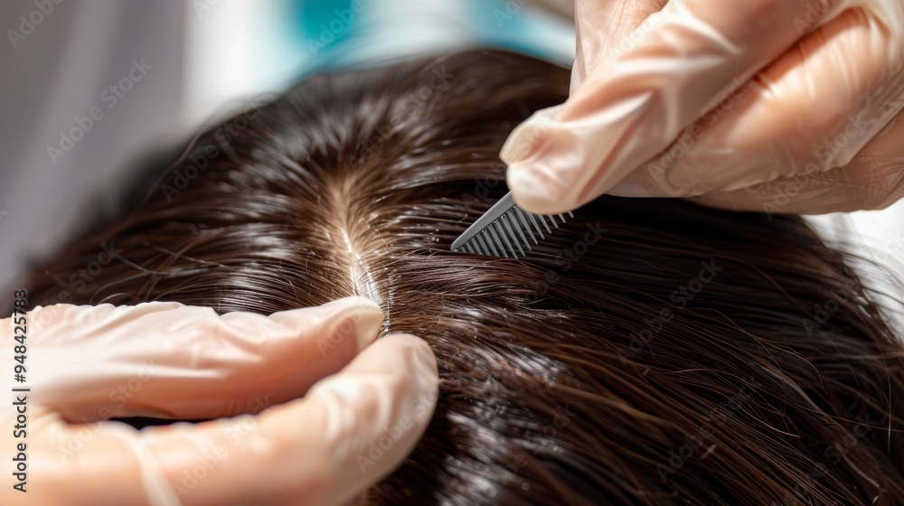 Obraz premium Close-up of a Gloved Hand Applying Hair Treatment to a Woman's Scalp, Demonstrating a New Molecular Hair Repair Technique in a Laboratory Setting