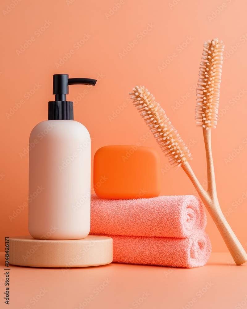 Minimalist bathroom set featuring a lotion bottle, toothbrushes, towels, and a soap bar against a soft orange background.