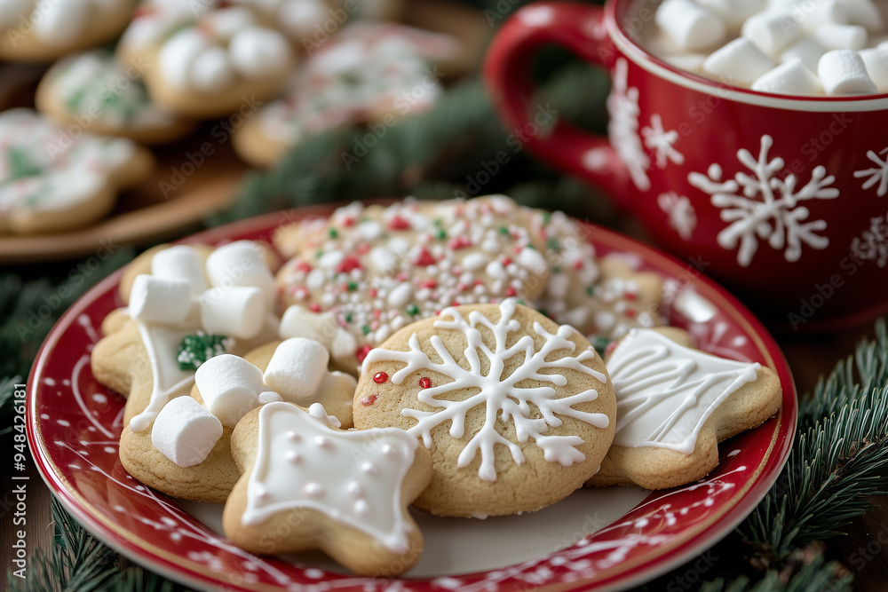 Delightful Christmas cookies on a festive plate paired with rich hot cocoa topped with marshmallows Delightful Christmas cookies on a festive plate paired with rich hot cocoa topped with marshmallows