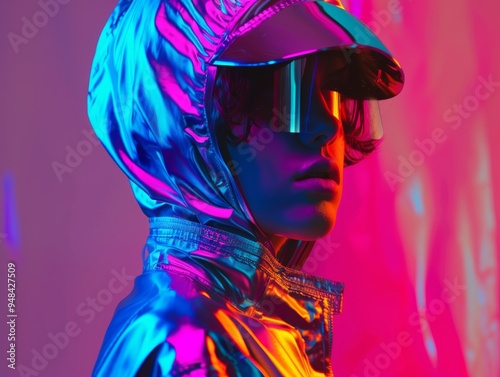 Futuristic Fashion Portrait with Holographic Accents and Neon Lighting photo