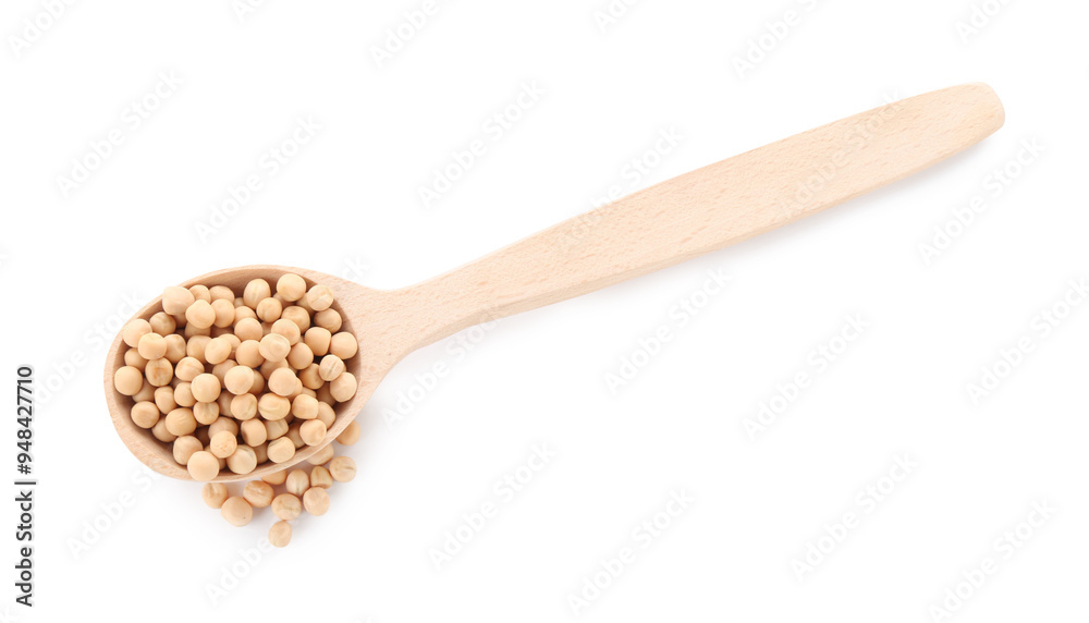 Spoon with dried peas isolated on white, top view Spoon with dried peas isolated on white, top view