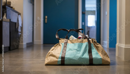 A spacious paper bag rests on the hotel hallway floor, accompanied by folded clothes. Natural light filters through nearby windows, creating a welcoming atmosphere.