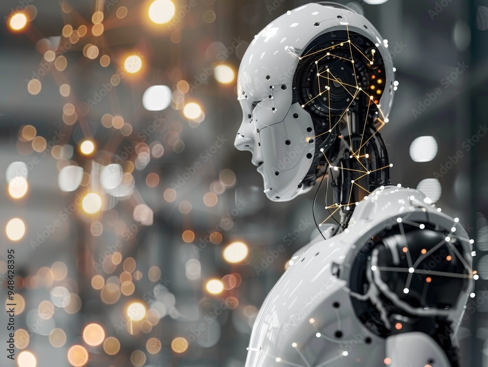 Humanoid Robot with Neural Network Connections, AI and Robotics Concept, Futuristic Technology