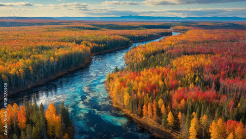 Vibrant autumn colors blanket the landscape as a winding river flows through a forest. The sun sets in the background, casting warm hues over the trees and water, creating a tranquil atmosphere.