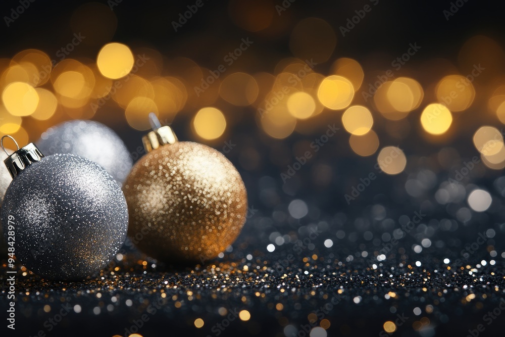 Fototapeta premium Glittering Christmas background with gold and silver baubles on a dark background