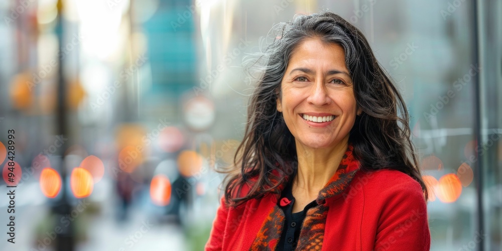 Smiling woman in a red coat standing on a city street with blurred traffic behind her