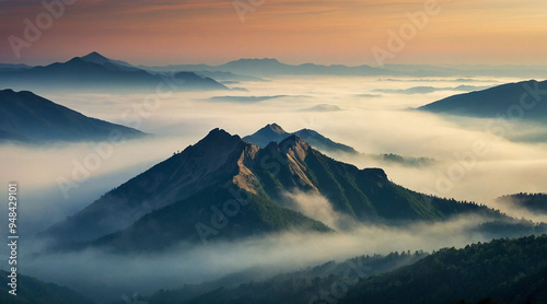 A stunning mountain range rises dramatically against a colorful sunset. Clouds envelop the peaks, creating a picturesque view that captures the beauty of nature's tranquility.
