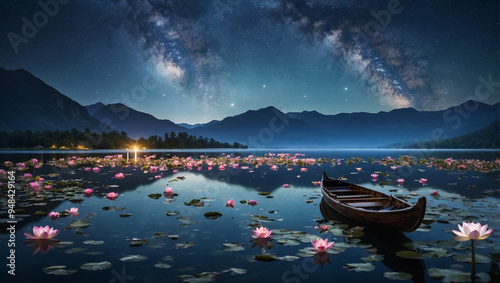 A tranquil lake is adorned with blooming lilies, reflecting the starry night sky. A lone wooden boat is anchored, offering a perfect spot for rest amidst nature’s beauty.