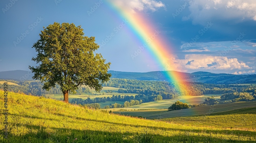 Obraz premium Vibrant Rainbow Arching Over Serene Rural Landscape - Symbolic Sign of Hope and Renewal After Rainstorm