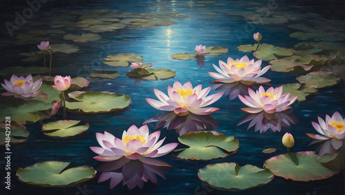 Lotus flowers gracefully bloom on a calm pond, reflecting the soft light of twilight with sparkling water ripples and floating lily pads, creating a serene and picturesque atmosphere.