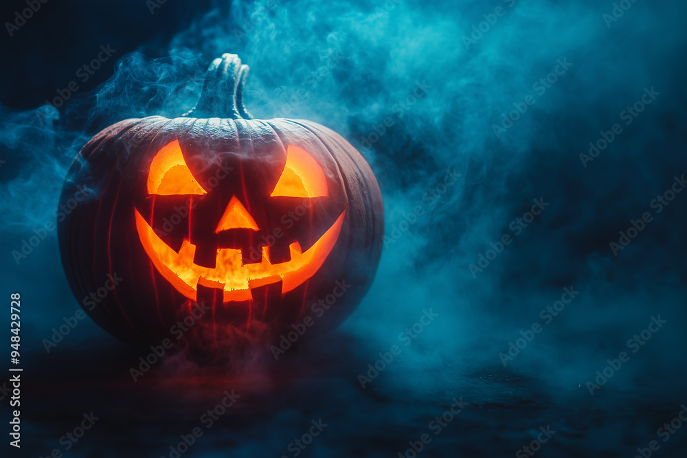 Eerie Halloween pumpkin glowing with a chilling smile amidst dark fog and shadows Eerie Halloween pumpkin glowing with a chilling smile amidst dark fog and shadows