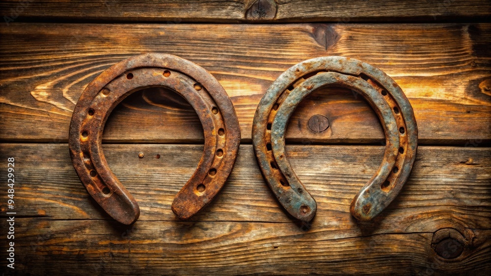 Two antique horseshoes covered in rust and aged patina Two antique horseshoes covered in rust and aged patina