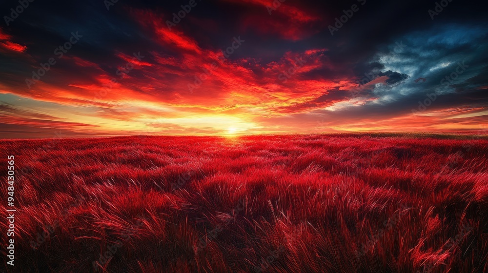 A striking scene of a red grass field beneath a fiery sunset sky, where the warm colors of the setting sun contrast