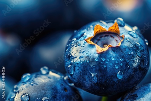 Fresh blueberries glistening with droplets, showcasing their vibrant blue color and tempting texture, perfect for healthy recipes.