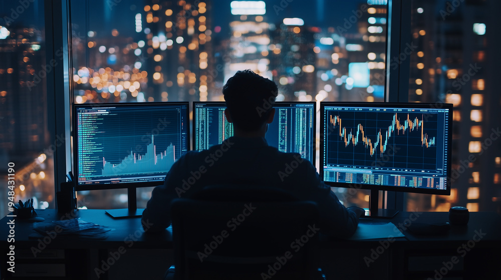 Young trader analyzing cryptocurrency charts at night with city skyline in the background Young trader analyzing cryptocurrency charts at night with city skyline in the background