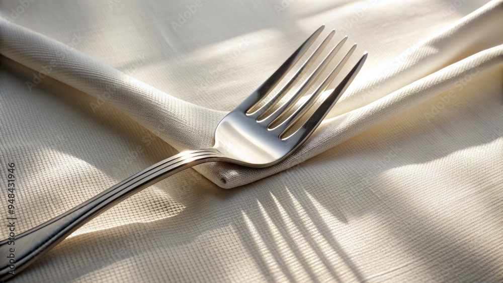 Elegant silver fork lies on a crisp white linen tablecloth, surrounded by subtle shadows, exuding sophistication and refinement in a fine dining atmosphere. Elegant silver fork lies on a crisp white linen tablecloth, surrounded by subtle shadows, exuding sophistication and refinement in a fine dining atmosphere.