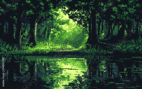 8bits Pixel art of a dark green forest with black shadows photo