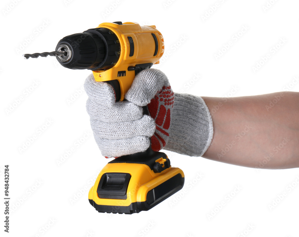 Man with cordless electric drill on white background Man with cordless electric drill on white background