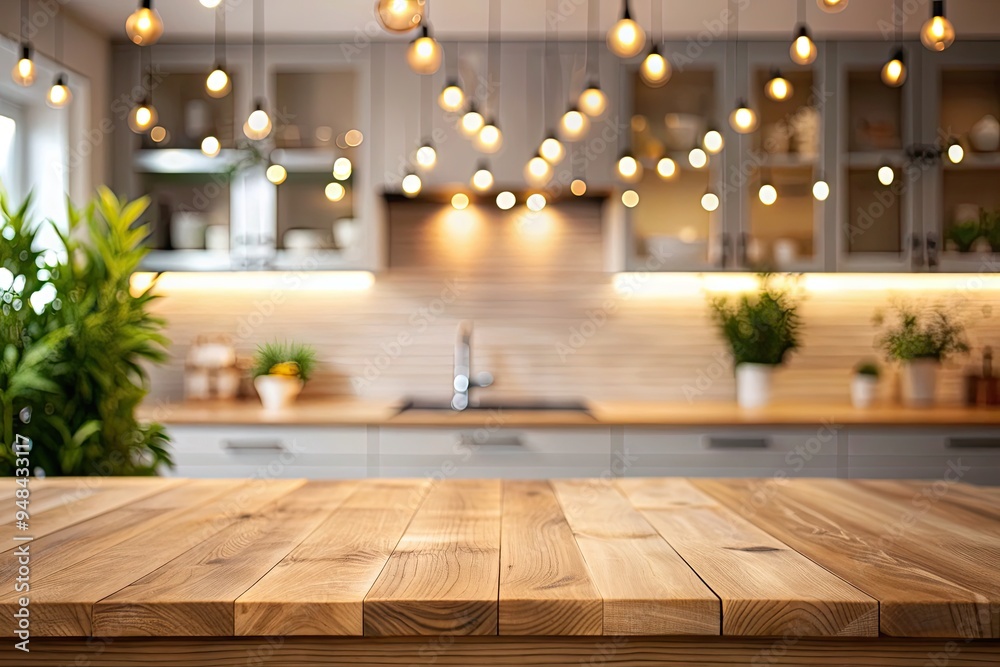 Elegant wooden table top stands out against a blurred, modern kitchen background with soft bokeh lights, creating a warm and inviting atmosphere for food and gatherings. Elegant wooden table top stands out against a blurred, modern kitchen background with soft bokeh lights, creating a warm and inviting atmosphere for food and gatherings.