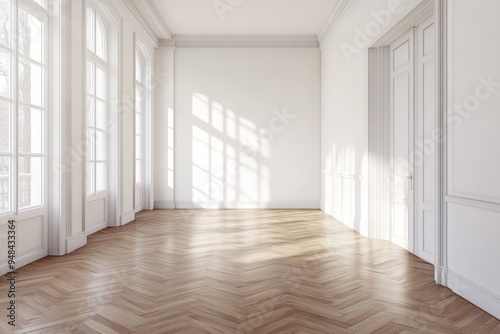 Wallpaper Mural A beautifully spacious, minimalistic interior showcasing pristine white walls, expansive large windows, and sleek smooth parquet flooring, all contributing to a serene, tranquil, and airy ambiance Torontodigital.ca