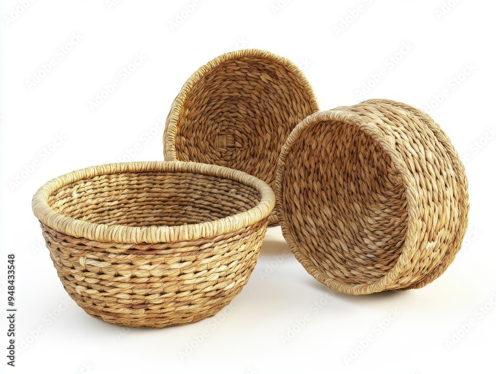 Three handcrafted wicker baskets displayed against a white background, showcasing their natural texture and versatile utility. Three handcrafted wicker baskets displayed against a white background, showcasing their natural texture and versatile utility.