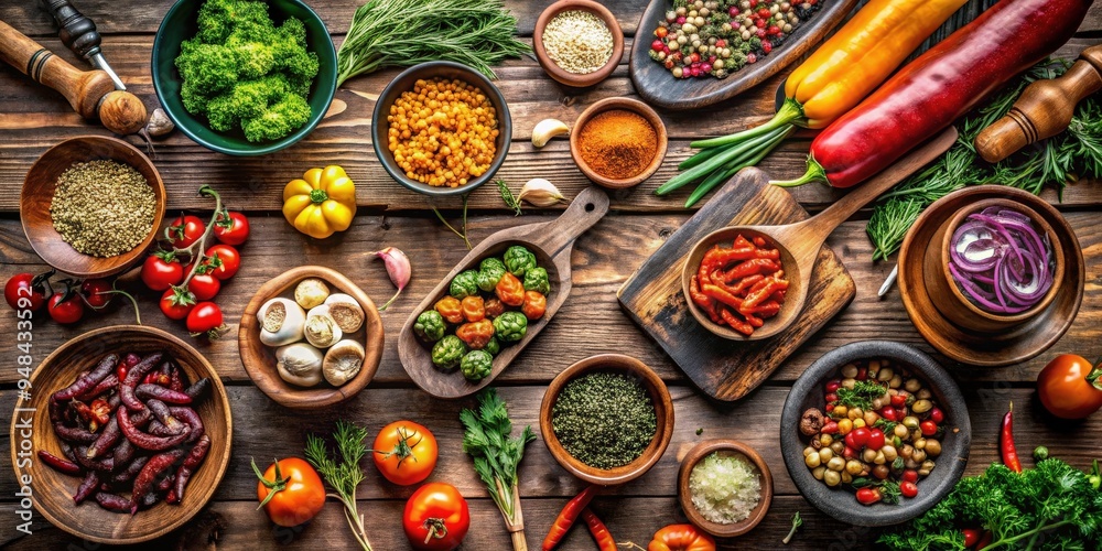 Top view of a rustic vegetarian food background with bowls of chopped vegetables, seasonings, and kitchen tools perfect for a vegan or vegetarian nutrition diet concept Top view of a rustic vegetarian food background with bowls of chopped vegetables, seasonings, and kitchen tools perfect for a vegan or vegetarian nutrition diet concept