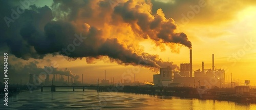 Industrial cityscape at sunset: orange pollution-tinted sky, factories with smoking chimneys, river and bridge. Urban, gritty, polluted scene with industrial structures.