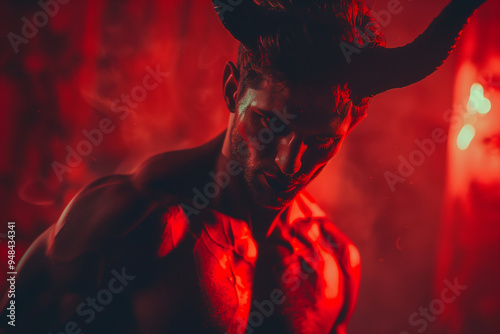 Incubus in Hell Seduces with Muscular Torso Surrounded by Flames and Tempts with Devilish Desires and Passion