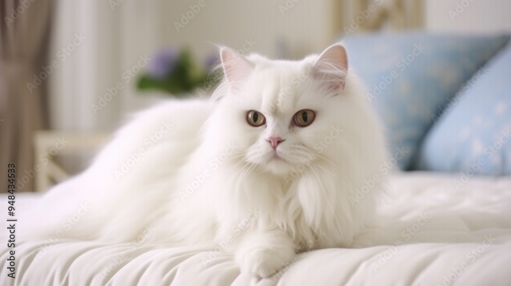 Obraz premium Portrait of a White Persian Cat on a Bed