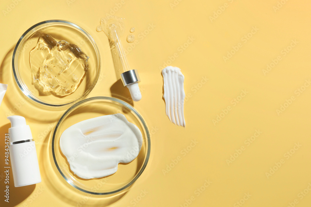 Petri dishes with cosmetic products and pipette on yellow background, flat lay. Space for text Petri dishes with cosmetic products and pipette on yellow background, flat lay. Space for text