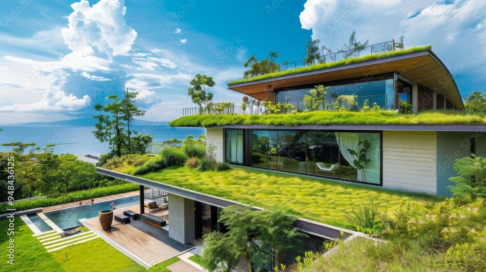 Modern house with green roof, ocean views, and pool. Glass windows, deck, and lush surroundings. Serene setting on a hill with panoramic sea views. Modern house with green roof, ocean views, and pool. Glass windows, deck, and lush surroundings. Serene setting on a hill with panoramic sea views.