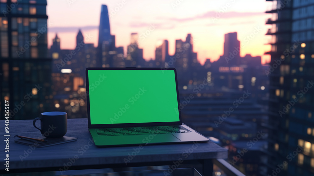 Laptop with green screen on balcony overlooking city skyline at sunset Laptop with green screen on balcony overlooking city skyline at sunset
