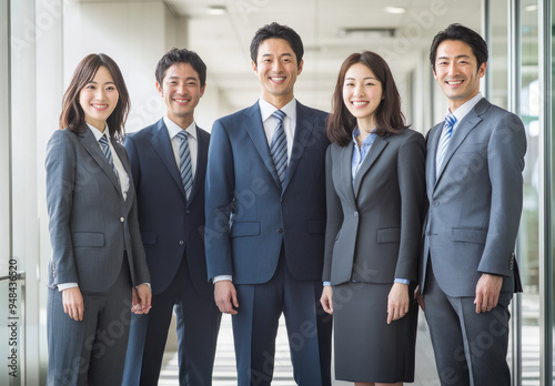 apanese business people, smiling and standing in front of the camera photo