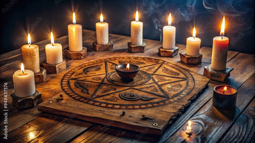 Weird Symbol Ritual Mystical ritual with ouija board, candles, and occult symbols for black ...