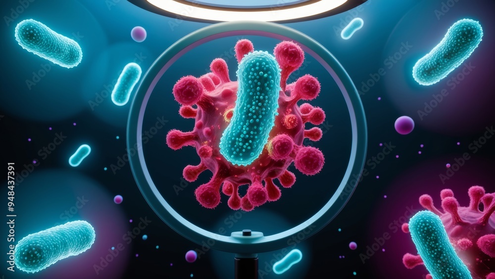 A magnified image of bacteria as seen through the lens of a high-powered microscope