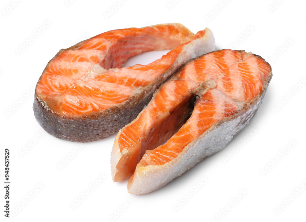 Tasty grilled salmon steaks isolated on white Tasty grilled salmon steaks isolated on white