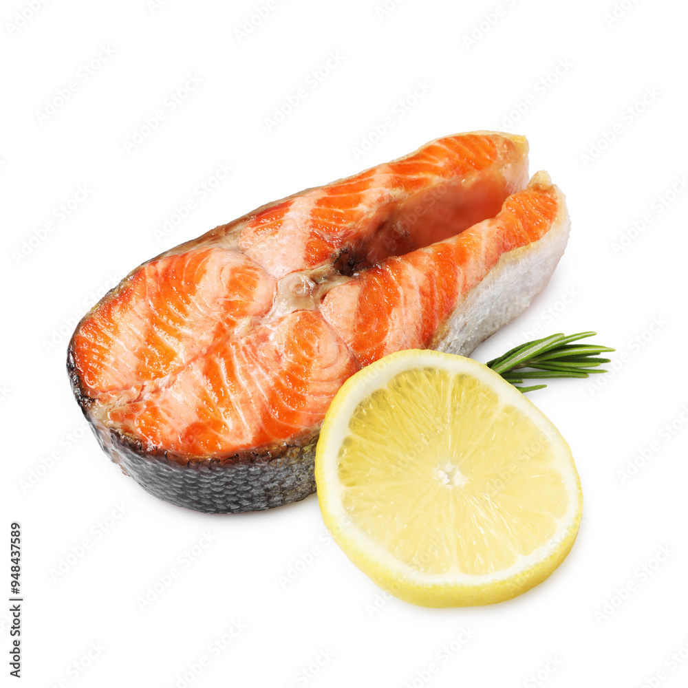 Tasty grilled salmon steak, lemon and rosemary isolated on white Tasty grilled salmon steak, lemon and rosemary isolated on white