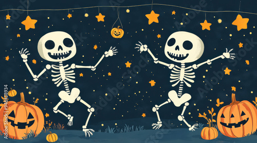 Cute skeletons dancing under a starry night, surrounded by pumpkins, soft pastel colors, space for text, fun and spooky Halloween scene, wallpaper, background