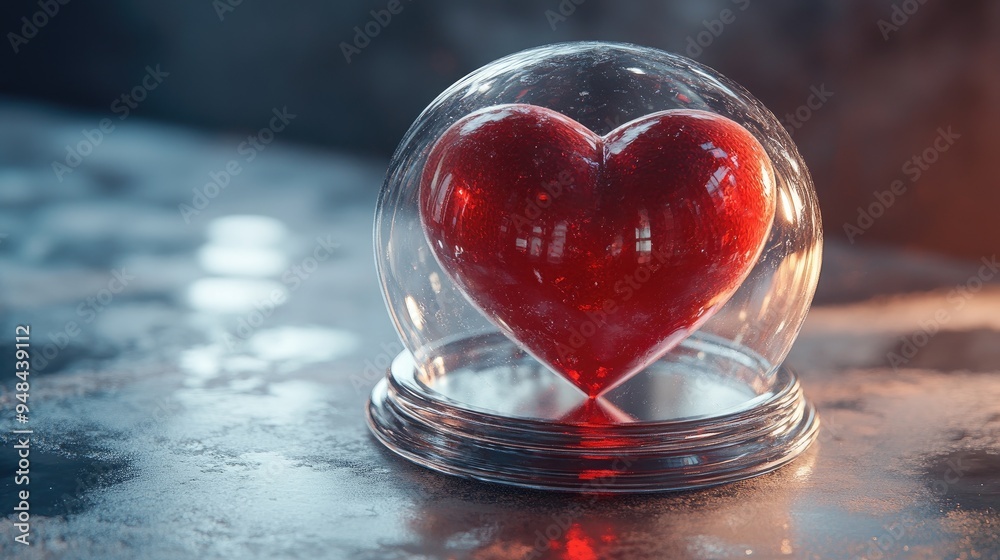 An abstract red heart encased in a clear glass dome, representing fragile love, An abstract red heart encased in a clear glass dome, representing fragile love,