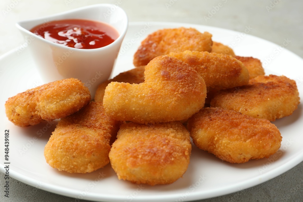 Tasty chicken nuggets with chili sauce on grey table, closeup Tasty chicken nuggets with chili sauce on grey table, closeup