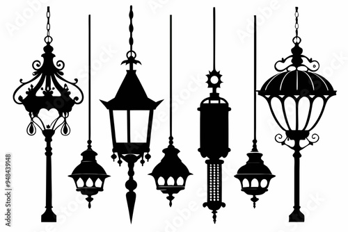 Vintage hanging light vector, Arabic lamp, lanterns silhouette illustration