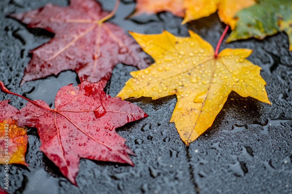 Vibrant autumn leaves with raindrops on a wet surface, highlighting fall's natural beauty. Vibrant autumn leaves with raindrops on a wet surface, highlighting fall's natural beauty.