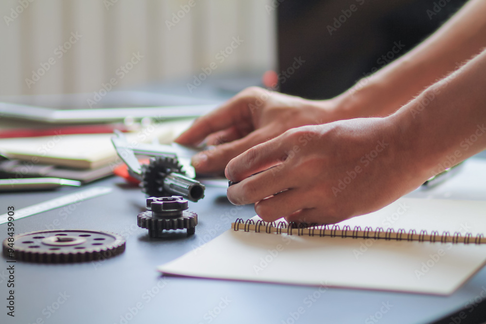 Fototapeta premium The factory mechanical engineering team is designing and developing gear sets to keep the machines running perfectly because gear sets are essential in the working system of large machines.